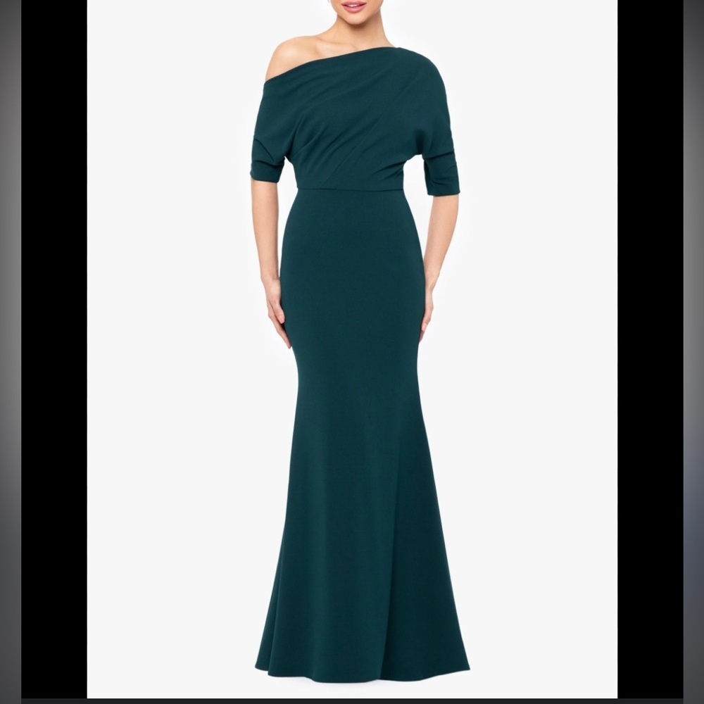 Betsy & Adam Dark Teal One Shoulder Gown